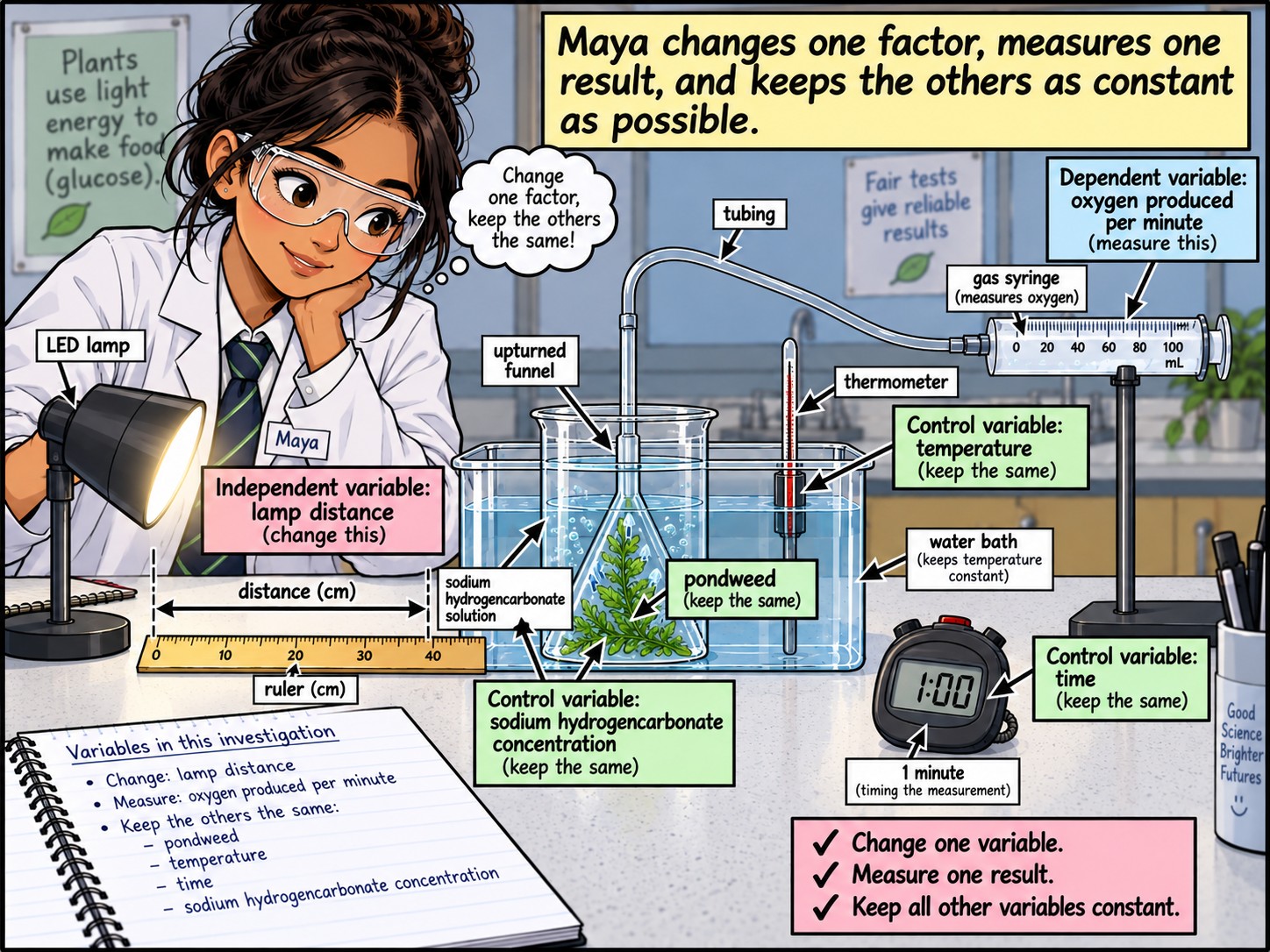 Measuring the Rate of Photosynthesis — Visual 5 — The variables in Maya's experiment